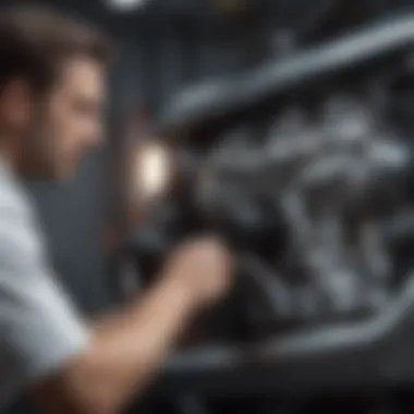 Inspecting Engine Quality A person inspecting the engine of a used car for quality.