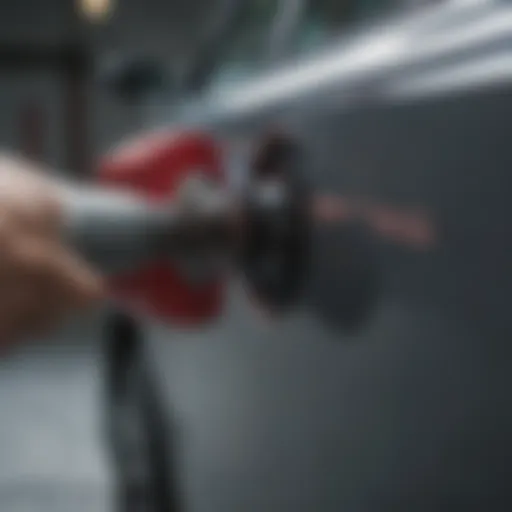 Close-up view of a specialized tool used in paintless door ding removal.