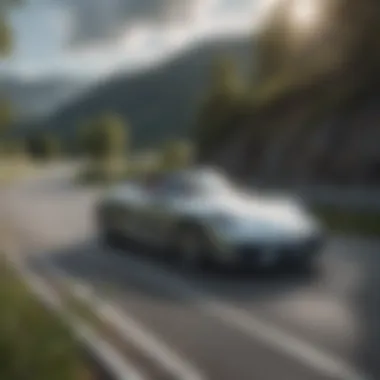 Dynamic performance shot of a Porsche hard top convertible on a scenic road