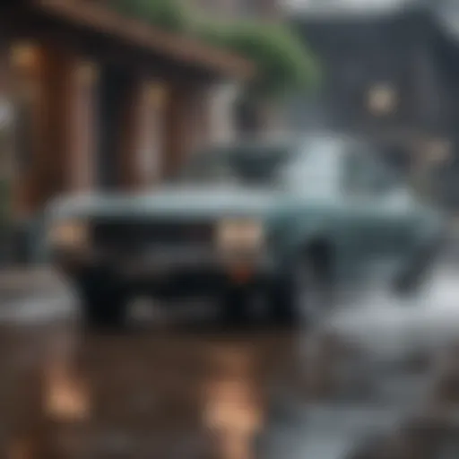 A pristine car being power washed with high-pressure water jets