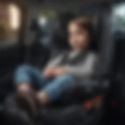 Child securely seated in a reclining booster car seat demonstrating safety features.