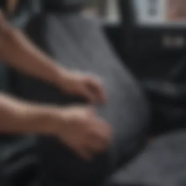 Skillful Installation of Car Seat Cover Close-up of a person skillfully installing a new car seat cover