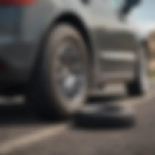 A car with a flat tire on the side of the road, showcasing a roadside assistance scenario.