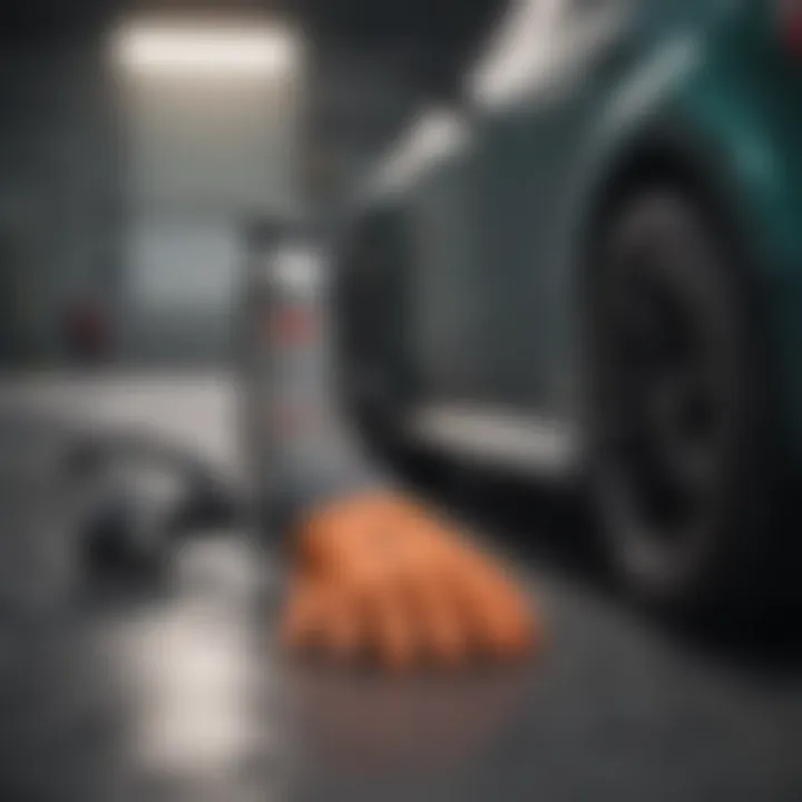 Safety equipment such as gloves and goggles laid out next to a car paint spray gun.