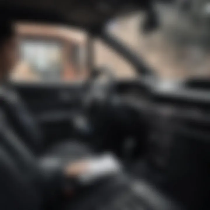 Interior of a car being sanitized with antibacterial wipes