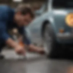 Close-up of a professional evaluating a car's surface for scratches