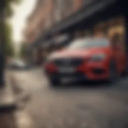 A luxury car parked outside a financial institution, symbolizing financing options.