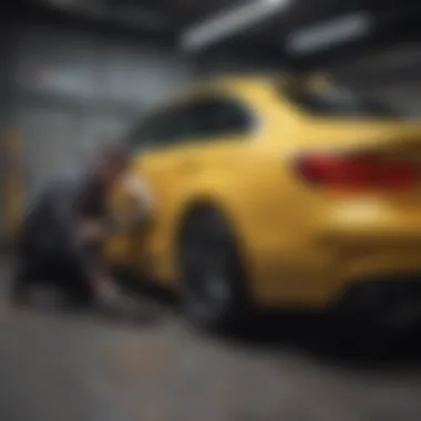 A professional technician performing paintless door ding removal on a car.