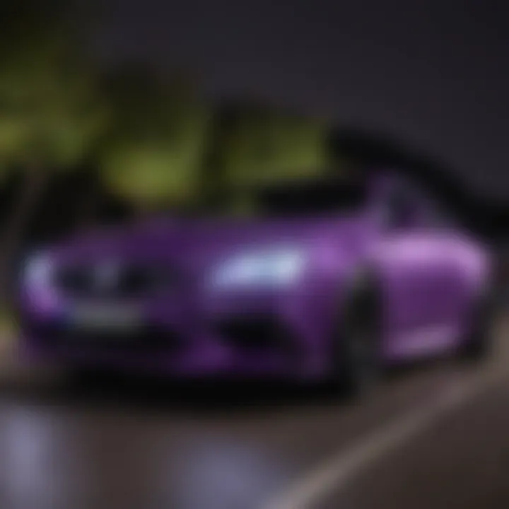 Comparison between standard headlights and purple HID bulbs in a nighttime setting.