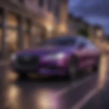A sleek vehicle using purple HID bulbs on a scenic road.