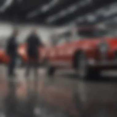 A buyer inspecting a second-hand vehicle with a knowledgeable sales representative.