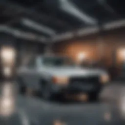 A pristine second-hand car showcased in a modern showroom environment.