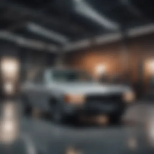 A pristine second-hand car showcased in a modern showroom environment.