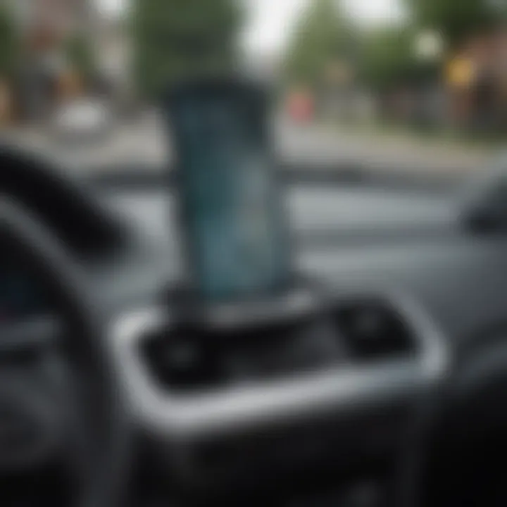 A close-up view of a phone mounted for easy access while driving