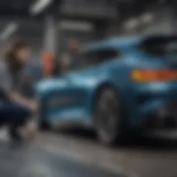 A student examining a car with curiosity