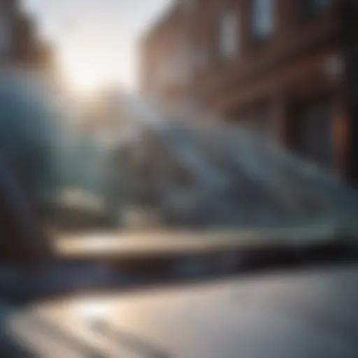 A close-up view of a cracked windshield with sunlight reflecting on it