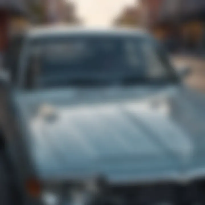 A vehicle parked with a prominent windshield crack visible