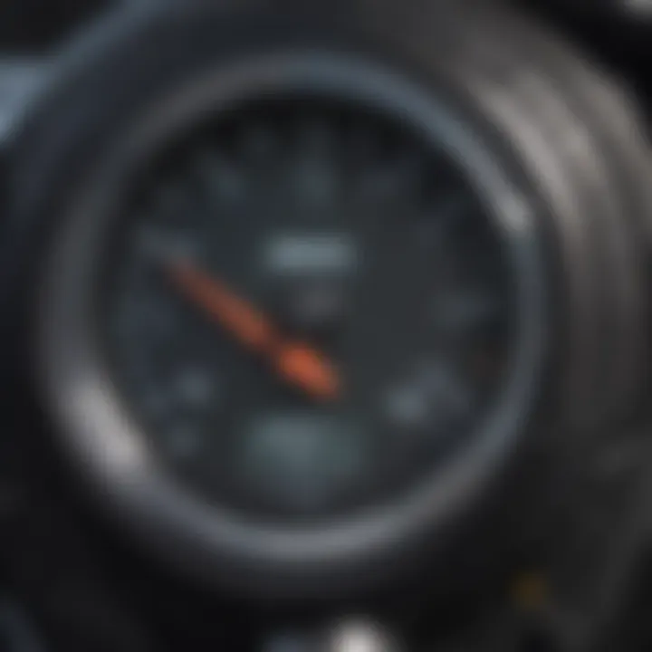 Close-up of a digital tire pressure gauge displaying pressure readings