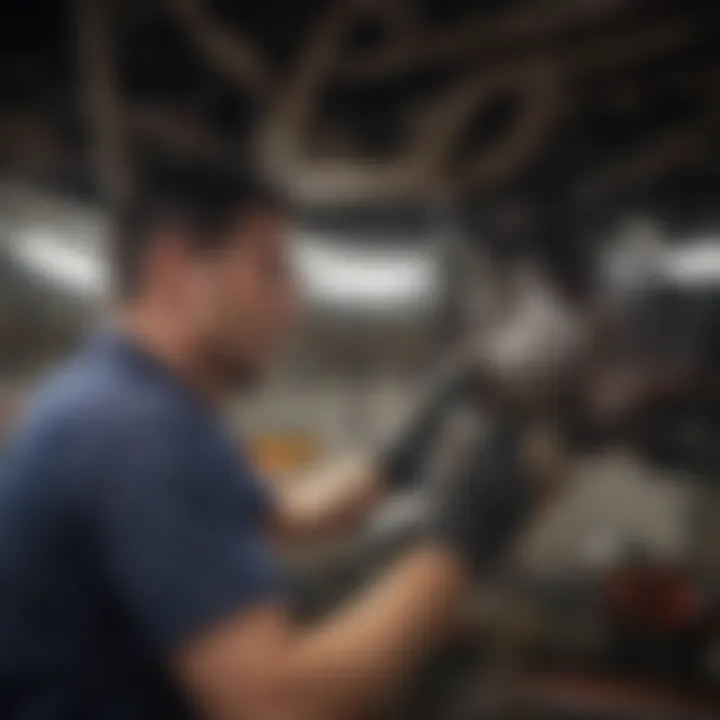 Maintenance technician inspecting the catalytic converter of a Toyota Prius