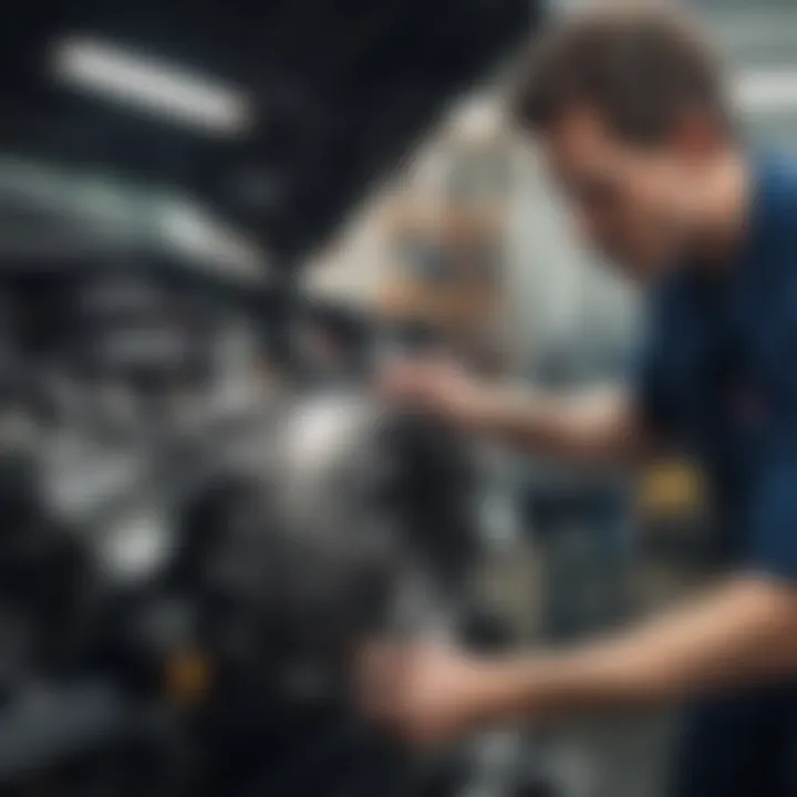 A mechanic examining the engine of a midsize sedan, symbolizing maintenance and service aspects