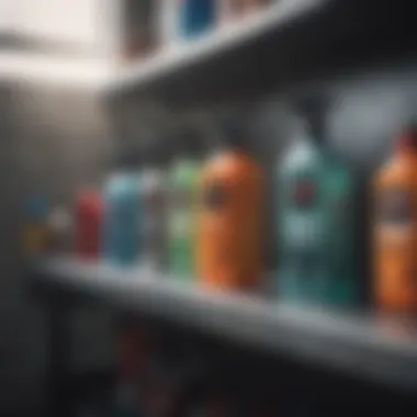 Various antibacterial car cleaning products arranged on a garage shelf