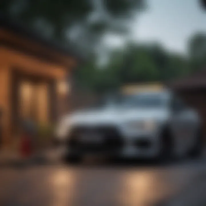 A driveway setup for home car waxing with tools and supplies