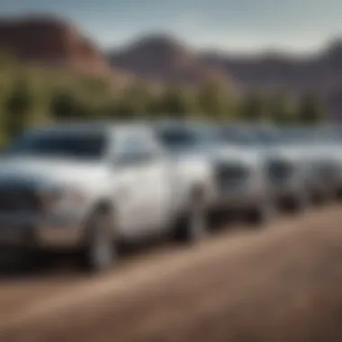 A variety of RAM truck models lined up, representing the brand's diverse offerings