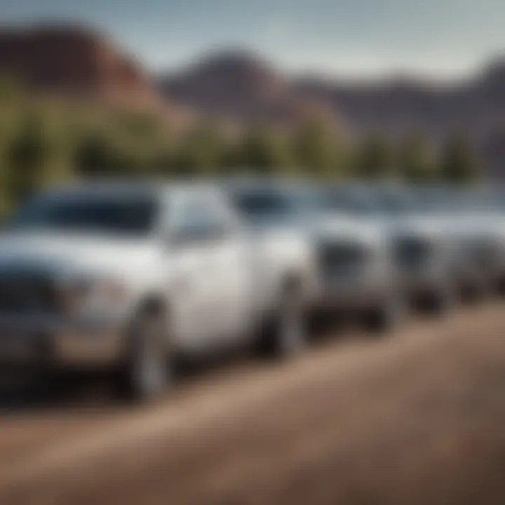 A variety of RAM truck models lined up, representing the brand's diverse offerings