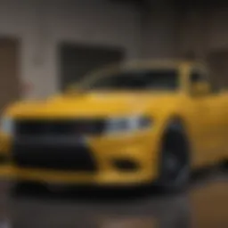 Front view of the Yellow Dodge Charger Scat Pack showcasing its aggressive styling