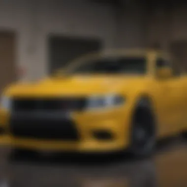 Aggressive Front Design of the Charger Scat Pack Front view of the Yellow Dodge Charger Scat Pack showcasing its aggressive styling