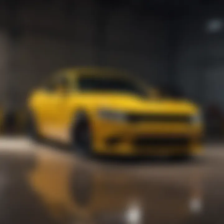 Rear view of the Yellow Dodge Charger Scat Pack emphasizing its powerful stance